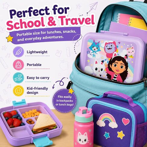 AI ACCESSORY INNOVATIONS Gabby’s Dollhouse 4 Compartment Bento Lunch Box for Kids, Featuring Pandy Paws, Kitty Fairy, DJ Catnip, and CatRat, BPA Free in Kuwait