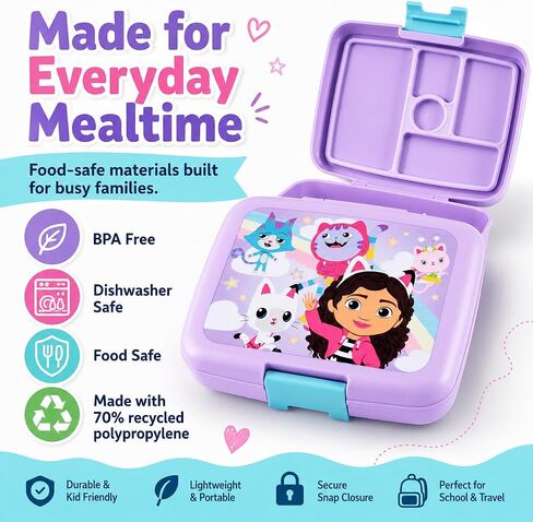 AI ACCESSORY INNOVATIONS Gabby’s Dollhouse 4 Compartment Bento Lunch Box for Kids, Featuring Pandy Paws, Kitty Fairy, DJ Catnip, and CatRat, BPA Free in Kuwait