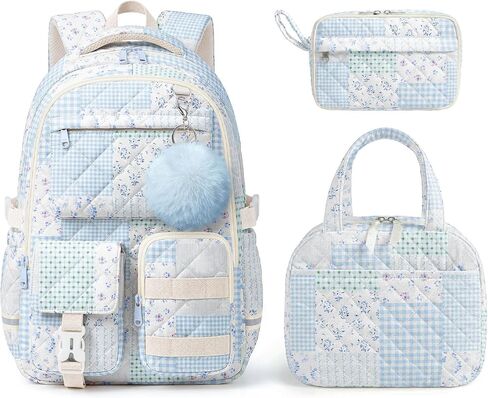 WOBAGMEN 3Pcs Quilted Backpack Set For Girls, Cute Floral School Backpack with Insulated Lunch Bag & Pencil Case, Aesthetic Bookbag Set For Teens College Students, Back To School（Green Blue Patchwork） in Saudi Arabia