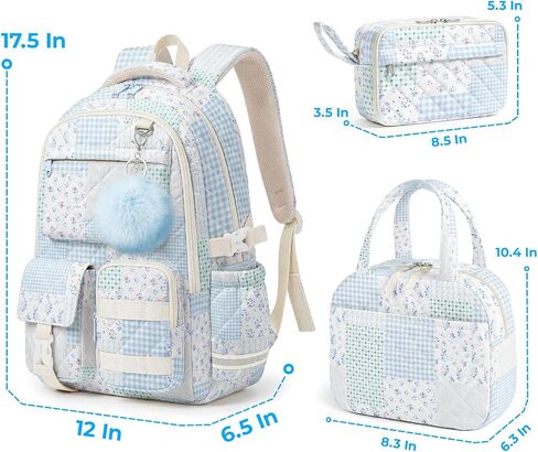 WOBAGMEN 3Pcs Quilted Backpack Set For Girls, Cute Floral School Backpack with Insulated Lunch Bag & Pencil Case, Aesthetic Bookbag Set For Teens College Students, Back To School（Green Blue Patchwork） in Saudi Arabia