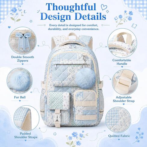 WOBAGMEN 3Pcs Quilted Backpack Set For Girls, Cute Floral School Backpack with Insulated Lunch Bag & Pencil Case, Aesthetic Bookbag Set For Teens College Students, Back To School（Green Blue Patchwork） in Saudi Arabia