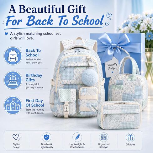 WOBAGMEN 3Pcs Quilted Backpack Set For Girls, Cute Floral School Backpack with Insulated Lunch Bag & Pencil Case, Aesthetic Bookbag Set For Teens College Students, Back To School（Green Blue Patchwork） in Saudi Arabia