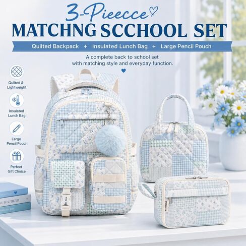 WOBAGMEN 3Pcs Quilted Backpack Set For Girls, Cute Floral School Backpack with Insulated Lunch Bag & Pencil Case, Aesthetic Bookbag Set For Teens College Students, Back To School（Green Blue Patchwork） in Saudi Arabia