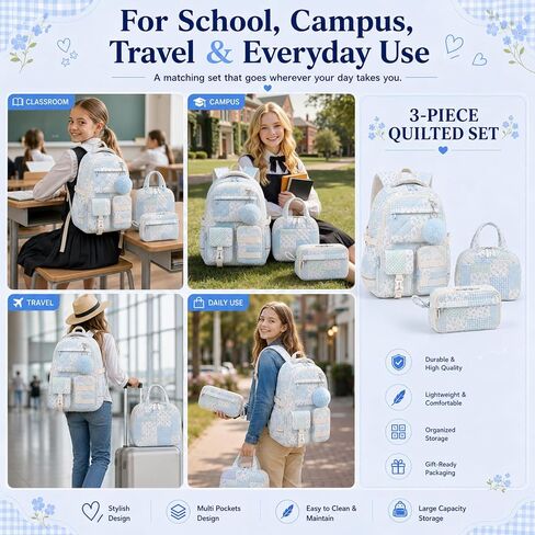 WOBAGMEN 3Pcs Quilted Backpack Set For Girls, Cute Floral School Backpack with Insulated Lunch Bag & Pencil Case, Aesthetic Bookbag Set For Teens College Students, Back To School（Green Blue Patchwork） in Saudi Arabia