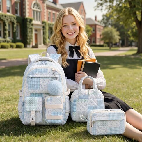 WOBAGMEN 3Pcs Quilted Backpack Set For Girls, Cute Floral School Backpack with Insulated Lunch Bag & Pencil Case, Aesthetic Bookbag Set For Teens College Students, Back To School（Green Blue Patchwork） in Saudi Arabia
