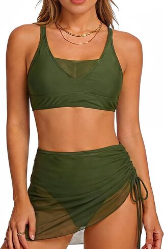 Womens Bikini High Waisted Bikini Sets for Women with Mesh Skirt Cover Up, Tummy Control Swimsuits, Adjustable Straps in Saudi Arabia