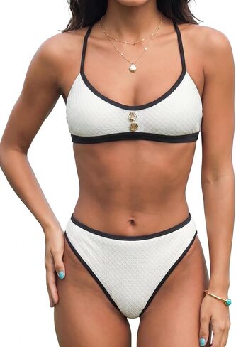 CUPSHE Women's Bikini Set Two Piece Swimsuit High Waisted Bathing Suit Scoop Neck Cheeky Textured Crossback Self Tie in Kuwait