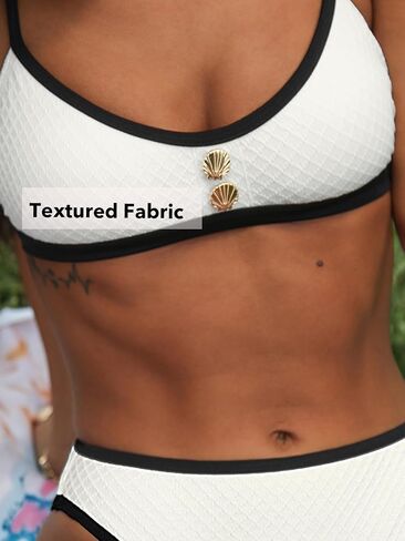 CUPSHE Women's Bikini Set Two Piece Swimsuit High Waisted Bathing Suit Scoop Neck Cheeky Textured Crossback Self Tie in Kuwait