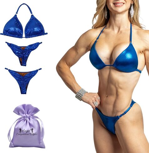 طقم بيكيني من Angel Competition NPC Fit Model مع 2 قاع - بدلات مسابقة بيكيني زرقاء ثلاثية الأبعاد مع تغطية غلوت بنسبة 50% in Kuwait