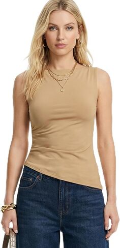 Design by Olivia Women's Boat Neck Sleeveless Asymmetric Tank Top – Ribbed Cotton Stretch, Double Lined Bust in Kuwait