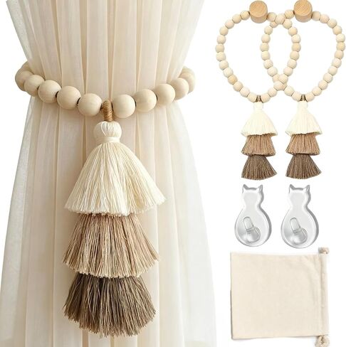 Magnetic Curtain Tiebacks, Set of 2 Wood Beaded Boho Tassel Drapery Holdbacks with Damage-Free Hooks for Thin Sheer & Heavy Curtains, Farmhouse Room Decor with Gift Bag in Saudi Arabia