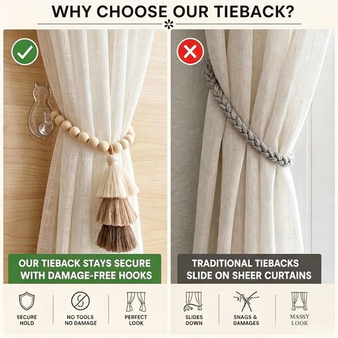 Magnetic Curtain Tiebacks, Set of 2 Wood Beaded Boho Tassel Drapery Holdbacks with Damage-Free Hooks for Thin Sheer & Heavy Curtains, Farmhouse Room Decor with Gift Bag in Saudi Arabia