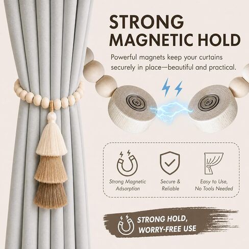Magnetic Curtain Tiebacks, Set of 2 Wood Beaded Boho Tassel Drapery Holdbacks with Damage-Free Hooks for Thin Sheer & Heavy Curtains, Farmhouse Room Decor with Gift Bag in Saudi Arabia