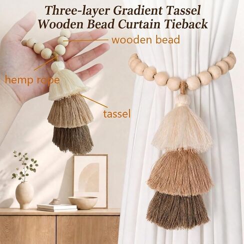 Magnetic Curtain Tiebacks, Set of 2 Wood Beaded Boho Tassel Drapery Holdbacks with Damage-Free Hooks for Thin Sheer & Heavy Curtains, Farmhouse Room Decor with Gift Bag in Saudi Arabia