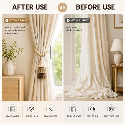 Magnetic Curtain Tiebacks, Set of 2 Wood Beaded Boho Tassel Drapery Holdbacks with Damage-Free Hooks for Thin Sheer & Heavy Curtains, Farmhouse Room Decor with Gift Bag in Saudi Arabia