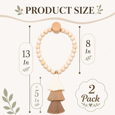 Magnetic Curtain Tiebacks, Set of 2 Wood Beaded Boho Tassel Drapery Holdbacks with Damage-Free Hooks for Thin Sheer & Heavy Curtains, Farmhouse Room Decor with Gift Bag in Saudi Arabia