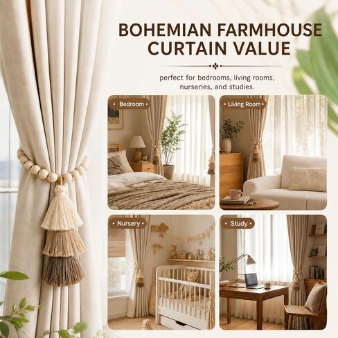 Magnetic Curtain Tiebacks, Set of 2 Wood Beaded Boho Tassel Drapery Holdbacks with Damage-Free Hooks for Thin Sheer & Heavy Curtains, Farmhouse Room Decor with Gift Bag in Saudi Arabia