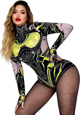 Youmeisha Sparkle Rhinestones Women Long Sleeve Bodysuit for Dancer Stage Show Leotard Birthday Party Prom Club Bar Costumes in Saudi Arabia