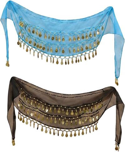 2 Pcs Belly Dance Hip Scarfs, Professional Belly Dancer Outfit with Belly Dance Skirt Design, Set of Two Color Options in Black and Blue, Made from Polyester Material for Comfort and Movement in Saudi Arabia