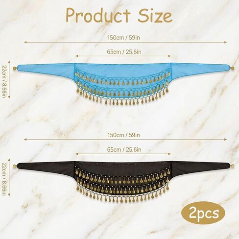 2 Pcs Belly Dance Hip Scarfs, Professional Belly Dancer Outfit with Belly Dance Skirt Design, Set of Two Color Options in Black and Blue, Made from Polyester Material for Comfort and Movement in Saudi Arabia