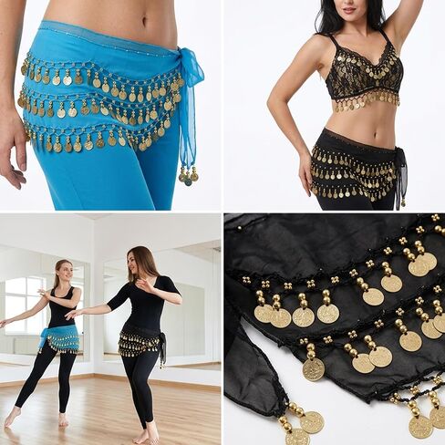 2 Pcs Belly Dance Hip Scarfs, Professional Belly Dancer Outfit with Belly Dance Skirt Design, Set of Two Color Options in Black and Blue, Made from Polyester Material for Comfort and Movement in Saudi Arabia