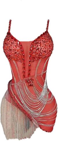 Pulcykp Women Rhinestone Evening Dresses Slim Sexy Club Dress Rhinestone Sexy Fringe Latin Dance Bodysuit in Saudi Arabia