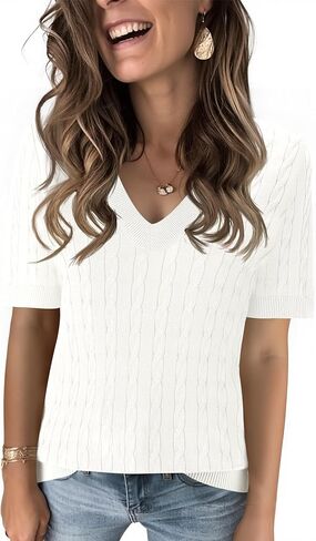Kistore Womens Short Sleeve Sweaters V Neck Cable Knit Pullover Tops Summer Lightweight Sweater Shirts Blouses 2026 in Saudi Arabia