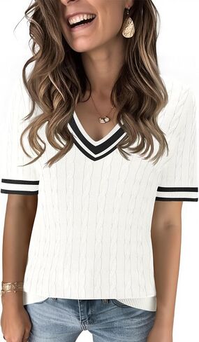 Kistore Womens Short Sleeve Sweaters V Neck Cable Knit Pullover Tops Summer Lightweight Sweater Shirts Blouses 2026 in Saudi Arabia