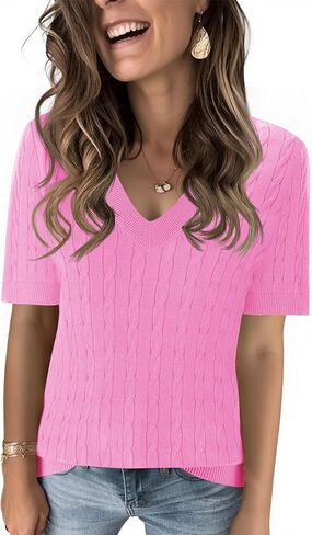 Kistore Womens Short Sleeve Sweaters V Neck Cable Knit Pullover Tops Summer Lightweight Sweater Shirts Blouses 2026 in Saudi Arabia