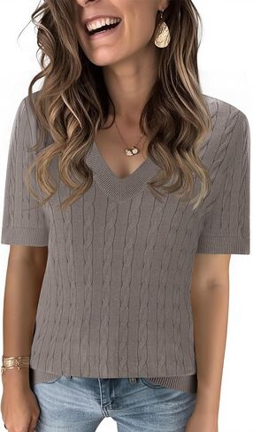Kistore Womens Short Sleeve Sweaters V Neck Cable Knit Pullover Tops Summer Lightweight Sweater Shirts Blouses 2026 in Saudi Arabia