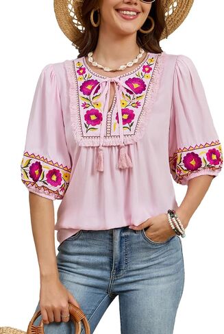 Women's Mexican Boho Floral Embroidered Blouse, 2026 Puff Short Sleeve Peasant Top, V Neck Tassel Casual Loose Tunic Shirt in Saudi Arabia