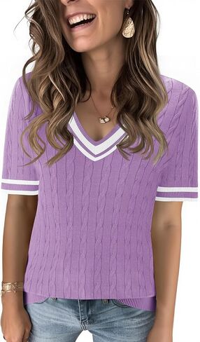 Kistore Womens Short Sleeve Sweaters V Neck Cable Knit Pullover Tops Summer Lightweight Sweater Shirts Blouses 2026 in Saudi Arabia