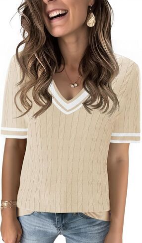 Kistore Womens Short Sleeve Sweaters V Neck Cable Knit Pullover Tops Summer Lightweight Sweater Shirts Blouses 2026 in Saudi Arabia