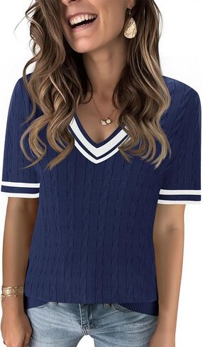 Kistore Womens Short Sleeve Sweaters V Neck Cable Knit Pullover Tops Summer Lightweight Sweater Shirts Blouses 2026 in Saudi Arabia