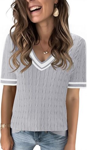 Kistore Womens Short Sleeve Sweaters V Neck Cable Knit Pullover Tops Summer Lightweight Sweater Shirts Blouses 2026 in Saudi Arabia