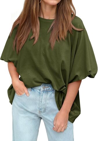 Tankaneo Womens Oversized Puff Short Sleeve T Shirt Summer Casual Crew Neck Tunic Tops Loose Fit Basic Tees in Kuwait