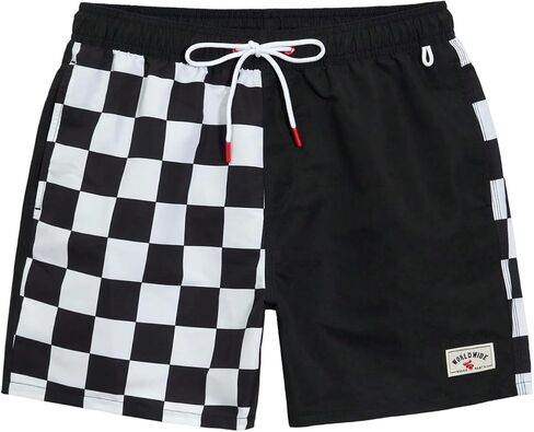 Floerns Men's Swim Trunks Checkered Print Drawstring Waist Summer Board Shorts with Pockets in Kuwait