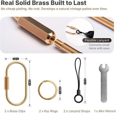 Solid Brass Keychain Set, Gold Screw Lock Carabiner Clips with Key Rings, Lanyard Straps & Mini Wrench, Secure Key Ring Organizer for Keys, Bag Charms, Purse Accessories, EDC Gear in Kuwait