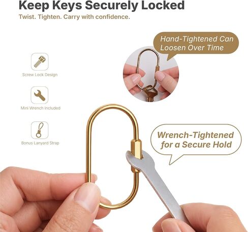 Solid Brass Keychain Set, Gold Screw Lock Carabiner Clips with Key Rings, Lanyard Straps & Mini Wrench, Secure Key Ring Organizer for Keys, Bag Charms, Purse Accessories, EDC Gear in Kuwait