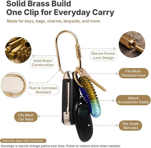Solid Brass Keychain Set, Gold Screw Lock Carabiner Clips with Key Rings, Lanyard Straps & Mini Wrench, Secure Key Ring Organizer for Keys, Bag Charms, Purse Accessories, EDC Gear in Kuwait