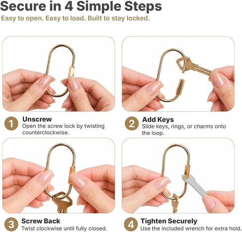 Solid Brass Keychain Set, Gold Screw Lock Carabiner Clips with Key Rings, Lanyard Straps & Mini Wrench, Secure Key Ring Organizer for Keys, Bag Charms, Purse Accessories, EDC Gear in Kuwait
