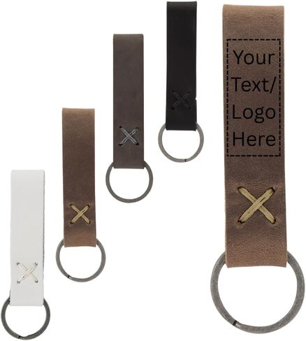 Custom Logo Leather Keychain Set of 25 - Personalized Genuine Leather Key Fob with Hand Stitched X Design, Antiqued Brass Split Ring, Bulk Corporate Gifts for Employees, Clients, 3.5 Inch in Kuwait