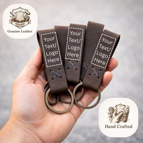 Custom Logo Leather Keychain Set of 25 - Personalized Genuine Leather Key Fob with Hand Stitched X Design, Antiqued Brass Split Ring, Bulk Corporate Gifts for Employees, Clients, 3.5 Inch in Kuwait