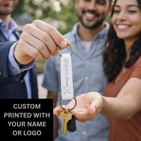 Custom Logo Leather Keychain Set of 25 - Personalized Genuine Leather Key Fob with Hand Stitched X Design, Antiqued Brass Split Ring, Bulk Corporate Gifts for Employees, Clients, 3.5 Inch in Kuwait