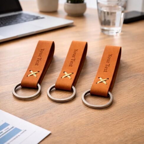Custom Logo Leather Keychain Set of 25 - Personalized Genuine Leather Key Fob with Hand Stitched X Design, Antiqued Brass Split Ring, Bulk Corporate Gifts for Employees, Clients, 3.5 Inch in Kuwait