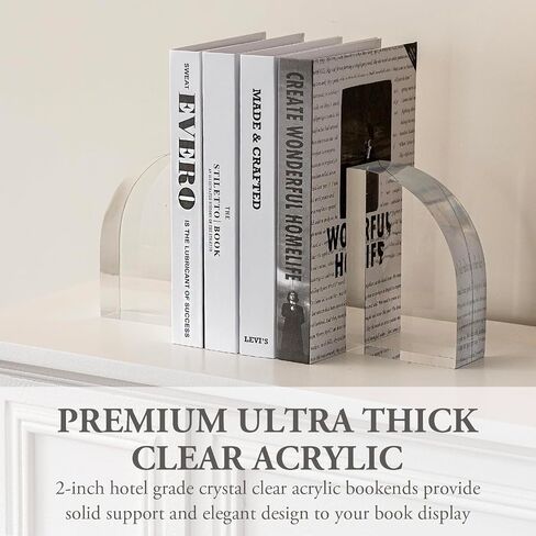 Modern Luxury Acrylic Bookends for Shelves, 6x4x2 Ultra-Thick Arch Design, Crystal Clear Decorative Bookends, 3.3Lb Super Heavy for Large Books Non-Slip, 1 Pair, Unique Gift for Book Lovers in Kuwait