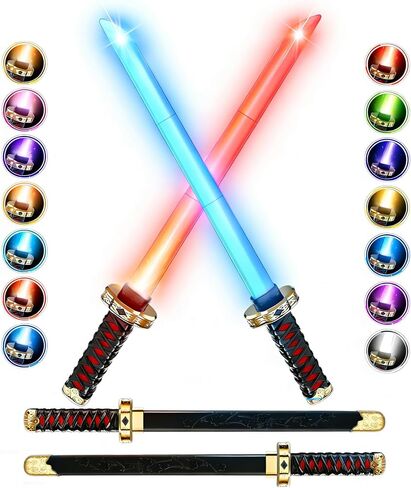 2-Pack Rechargeable Light Up Swords for Kids – 15 Colors, Light & Sound FX, Retractable LED Toy Light Sword Sabers with Sheath for Boys & Girls, Samurai Katana Theme Party in Saudi Arabia