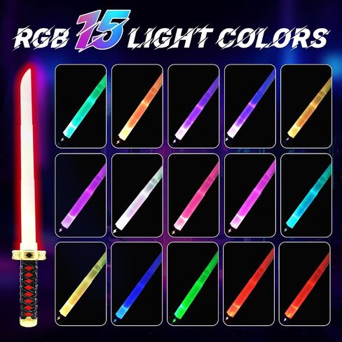 2-Pack Rechargeable Light Up Swords for Kids – 15 Colors, Light & Sound FX, Retractable LED Toy Light Sword Sabers with Sheath for Boys & Girls, Samurai Katana Theme Party in Saudi Arabia