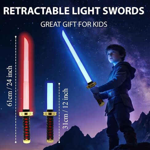 2-Pack Rechargeable Light Up Swords for Kids – 15 Colors, Light & Sound FX, Retractable LED Toy Light Sword Sabers with Sheath for Boys & Girls, Samurai Katana Theme Party in Saudi Arabia