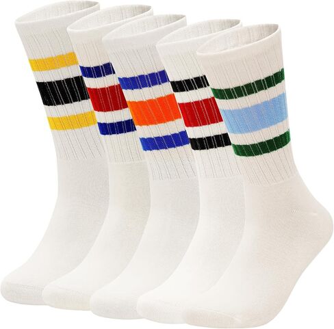 Retro Striped Crew Socks Five Pairs Casual Soft Cozy Breathable Slouchy Three Stripe for Men/Women in Saudi Arabia
